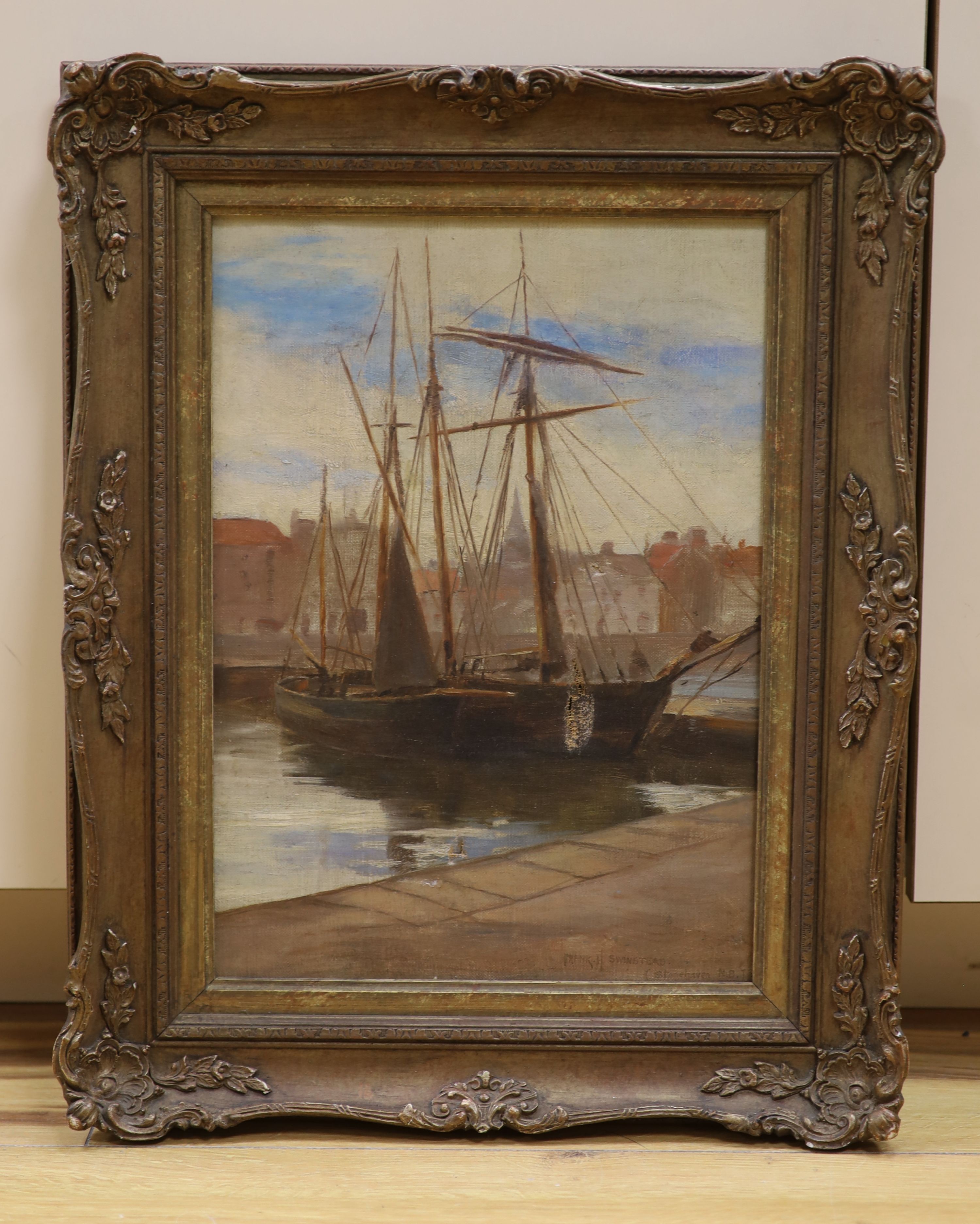 Frank H. Swinstead, oil on canvas, Stonehaven harbour, signed and inscribed 'Stonehaven NB', 36 x 26cm